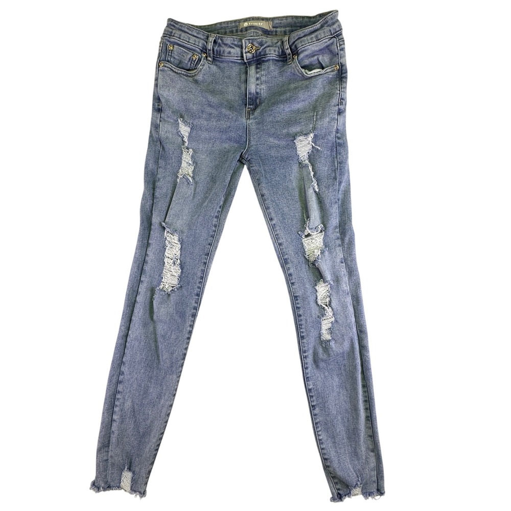 Tractr Jeans Youth Girl's Size 16 Distressed Skinny Blue Medium Wash Raw Hem‎